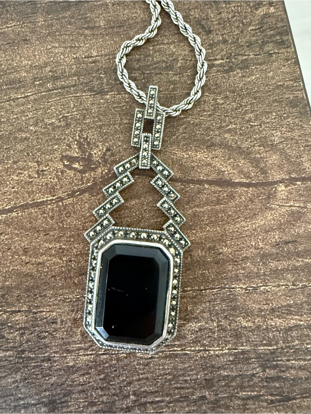 Vintage Black Stone Marcasite Art Deco Statement Pendant
